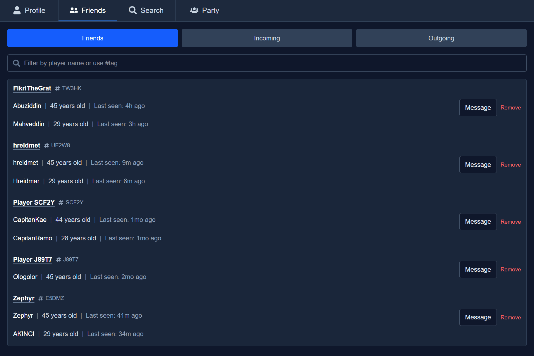 Aruvia friends screen showing player profiles and social actions