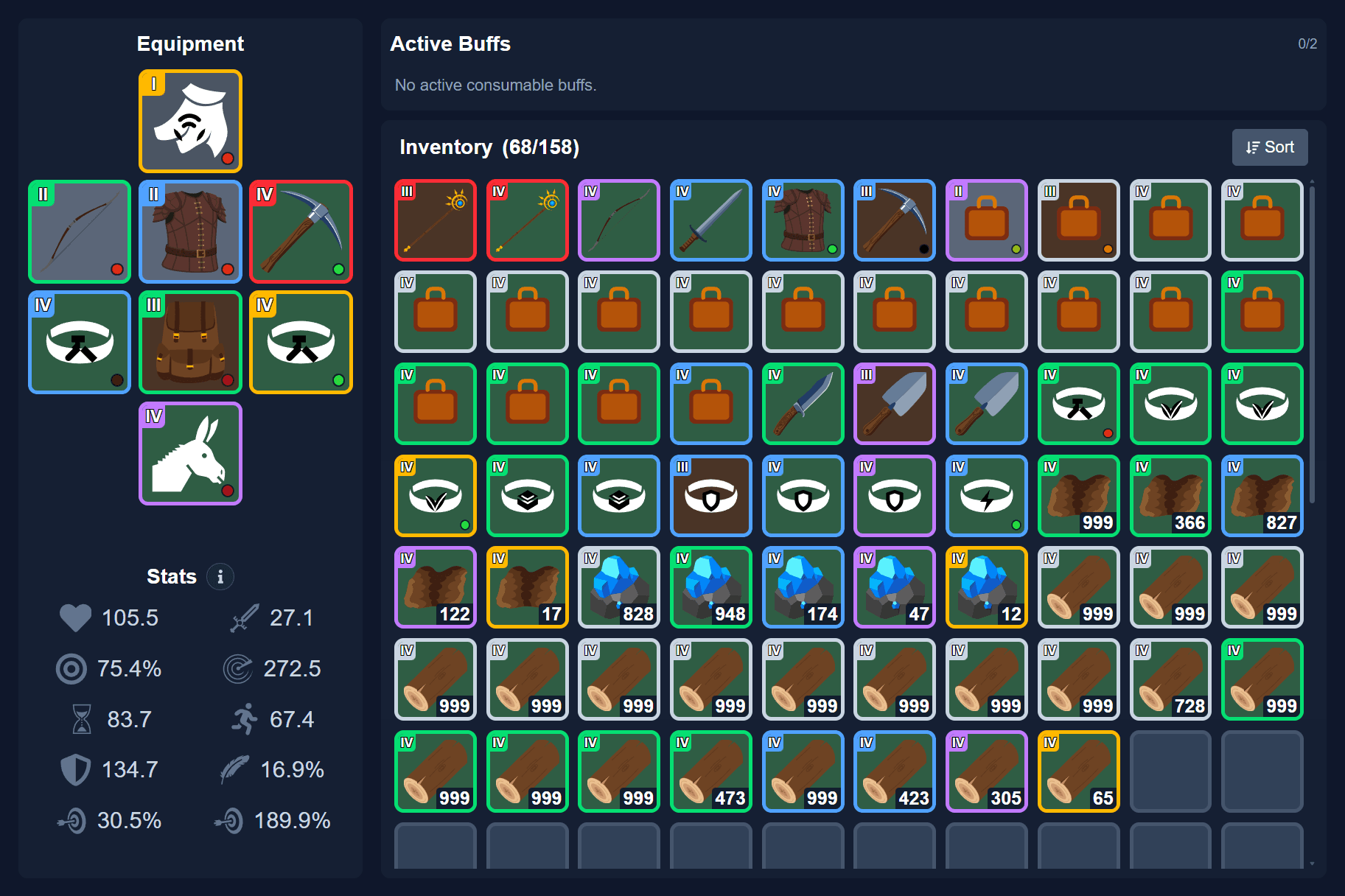Aruvia inventory showing an equipped character and organized items