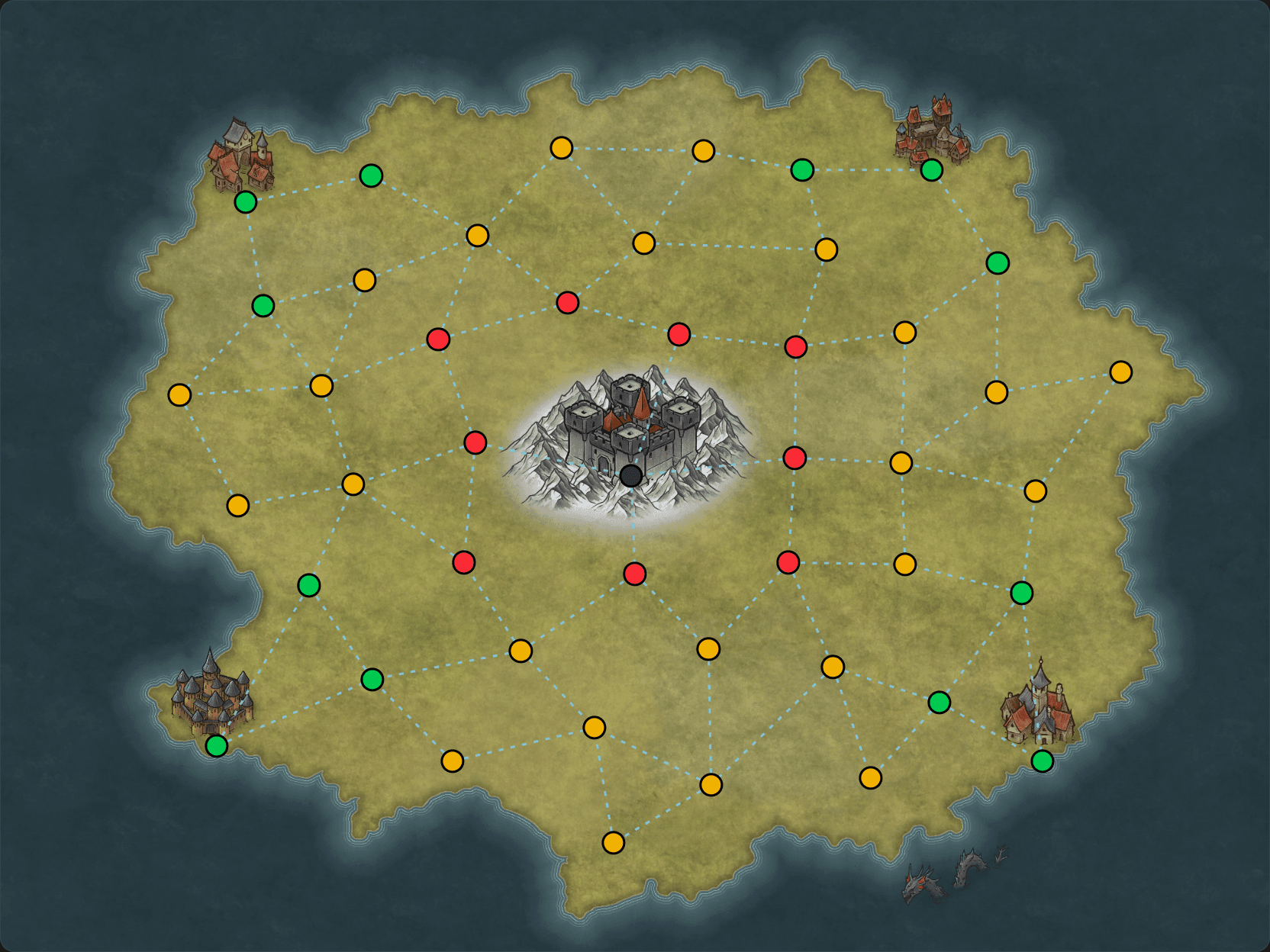 Full map of Aruvia showing towns, a central fortress, zones, and travel routes